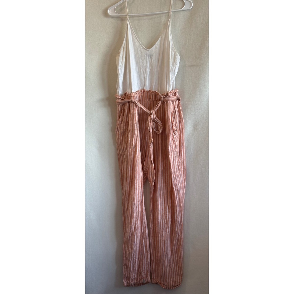 Shinesstar Womens Paperbag Waist Striped Jumpsuit Peach White Large